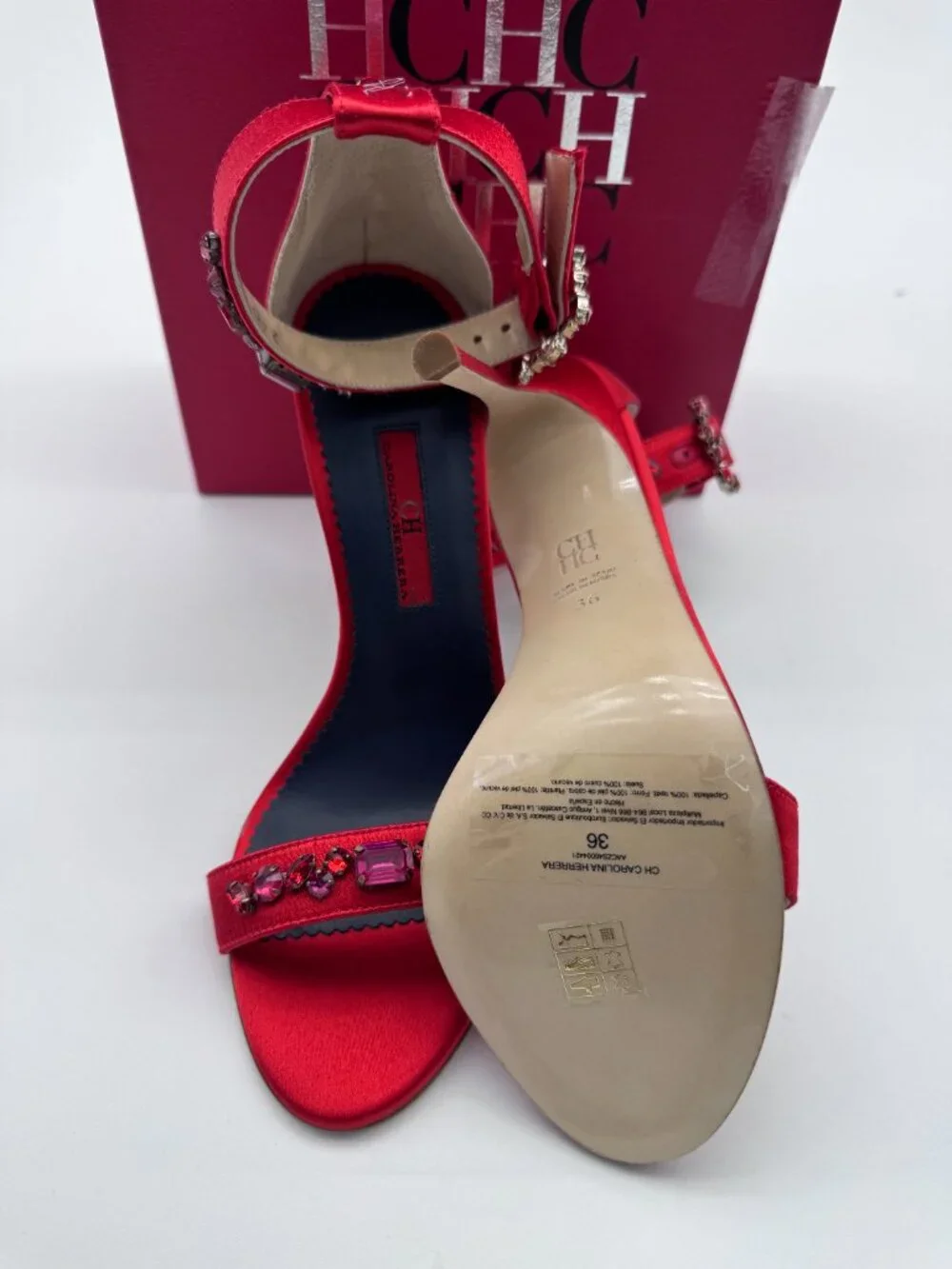 CH Carolina Herrera Red Satin Crystal Embellished Heels Size 36 Box